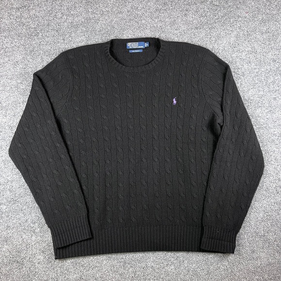 Vintage Polo Ralph Lauren Sweater Mens L Black 100% Cashmere Cable Knit Pony